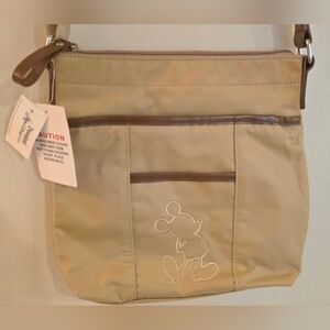 Disney NWT Tan Crossbody Bag W/Leather Accents & Embroidered Mickey Mouse.